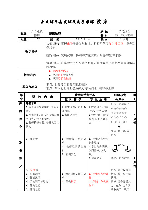 乒乓球平击发球及正手推球 教 案