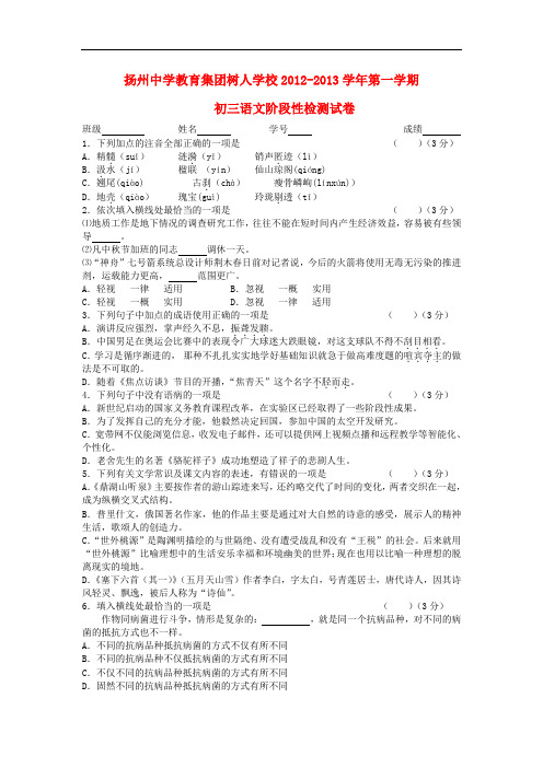 江苏省扬州中学教育集团树人学校九年级语文第一学期阶段性检测试卷 苏教版