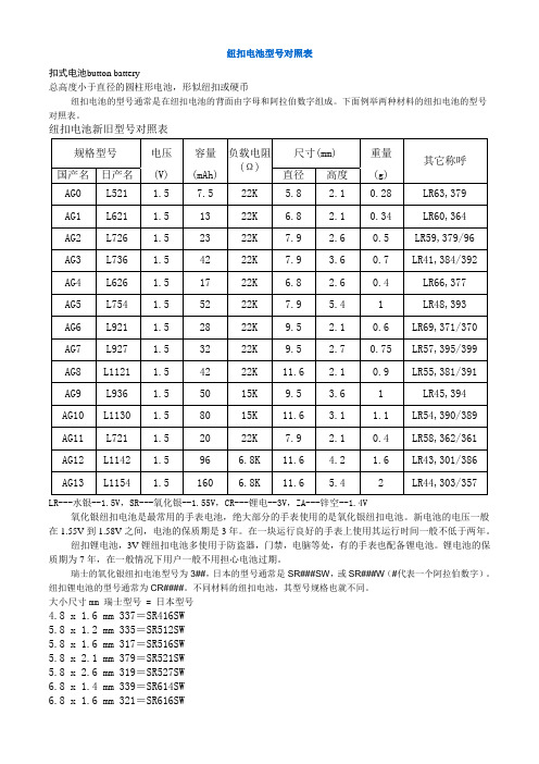 纽扣电池型号对照表