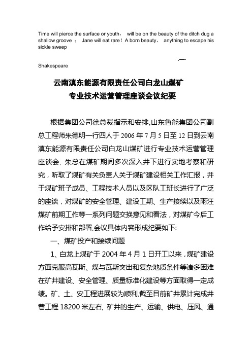 Ytoxya云南滇东能源有限责任公司白龙山煤矿专业技术运营