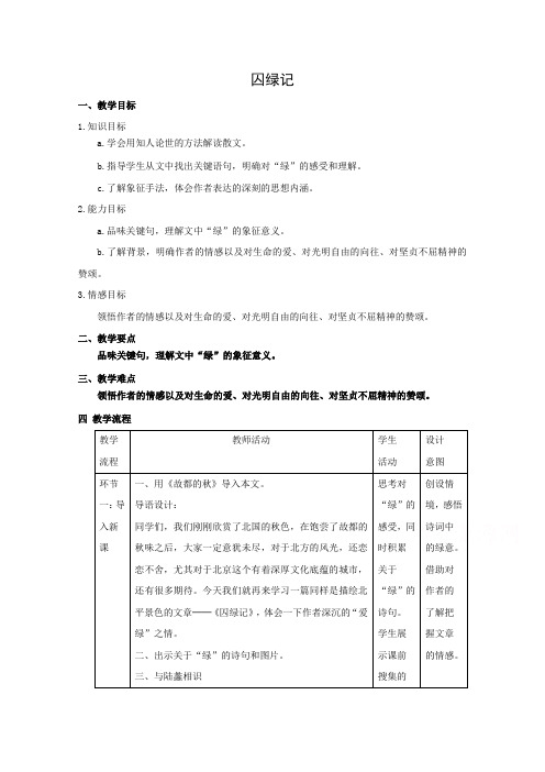 高中语文人教版版必修二教学设计：囚绿记含答案