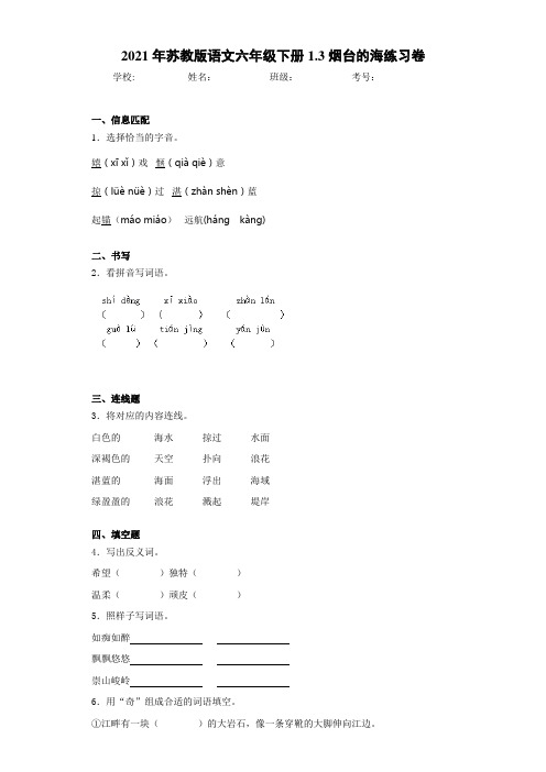 2021年苏教版语文六年级下册1.3烟台的海练习卷