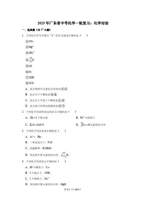 2025年广东省中考化学一轮复习：化学用语(附答案解析)