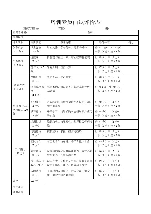 培训专员面试评价表