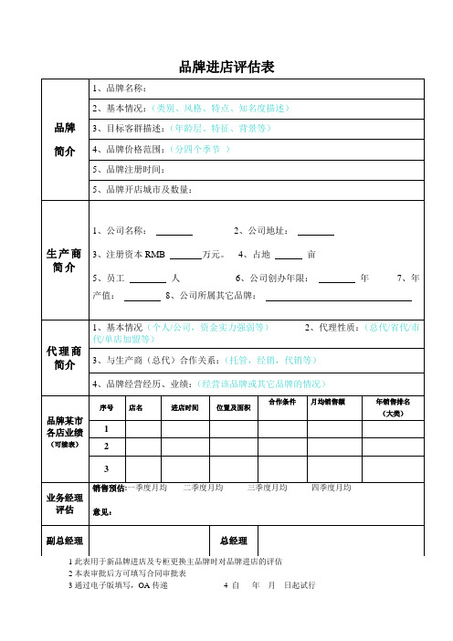 商场品牌进店评估表