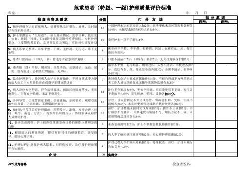 危重患者(特级、一级)护理质量评价标准