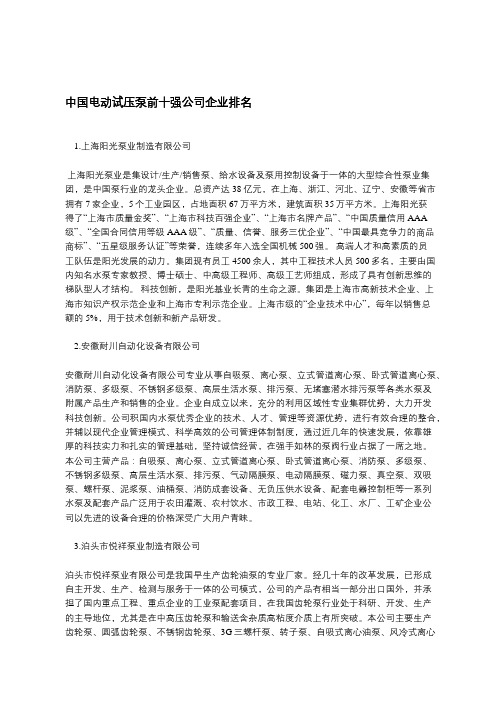 中国电动试压泵前十强公司企业排名