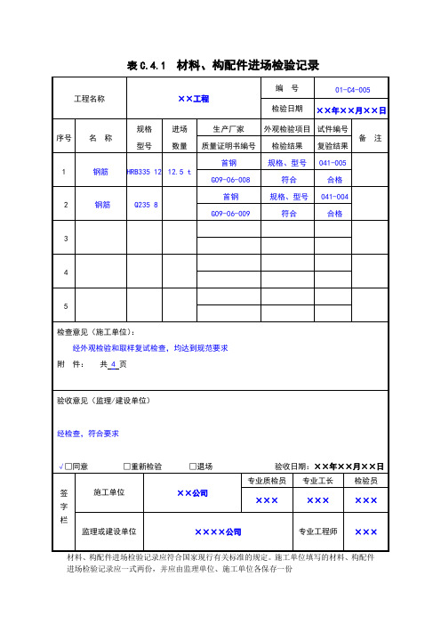 表C.4.1 材料、构配件进场检验记录(例)