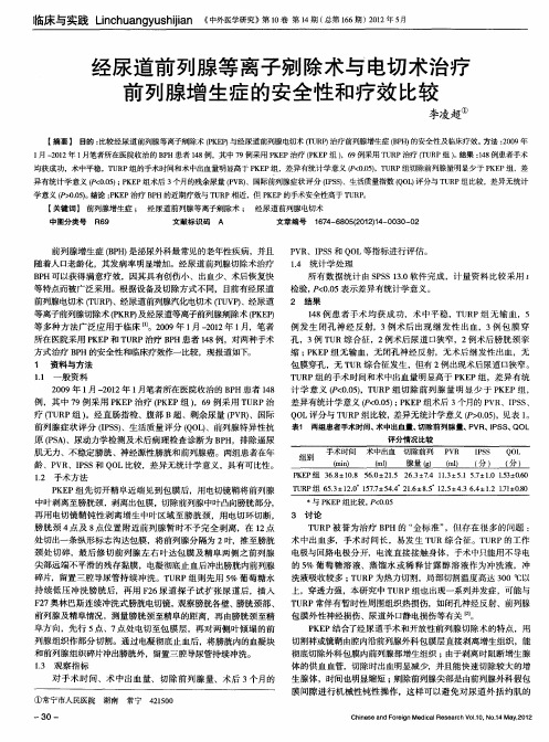 经尿道前列腺等离子剜除术与电切术治疗前列腺增生症的安全性和疗效比较