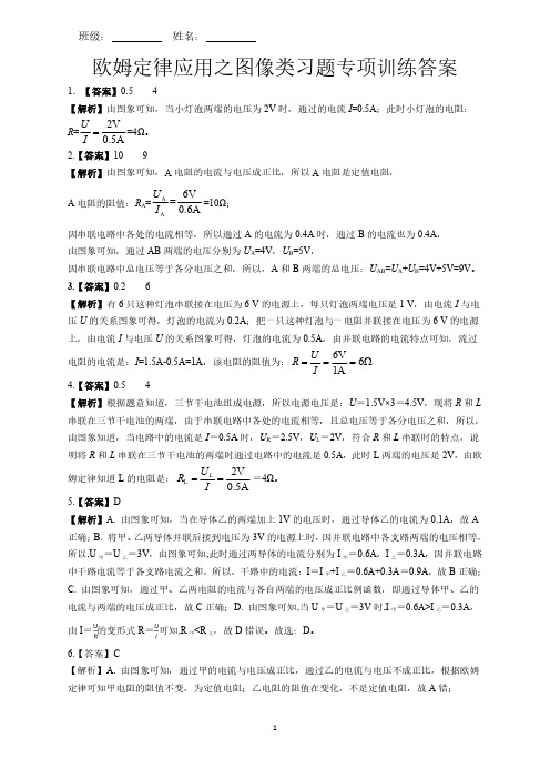 人教版九上物理第17章欧姆定律应用之图像类习题专项训练答案