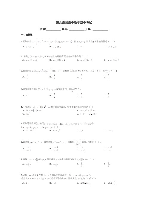 湖北高三高中数学期中考试带答案解析