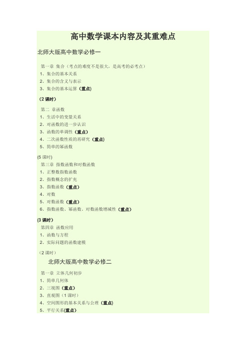 北师大版高中数学课本目录(含重难点及课时分布)