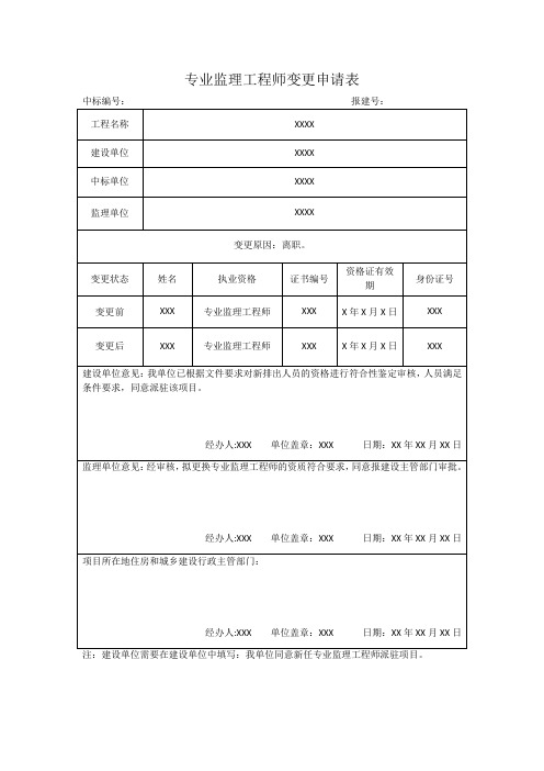 专业监理工程师变更申请表