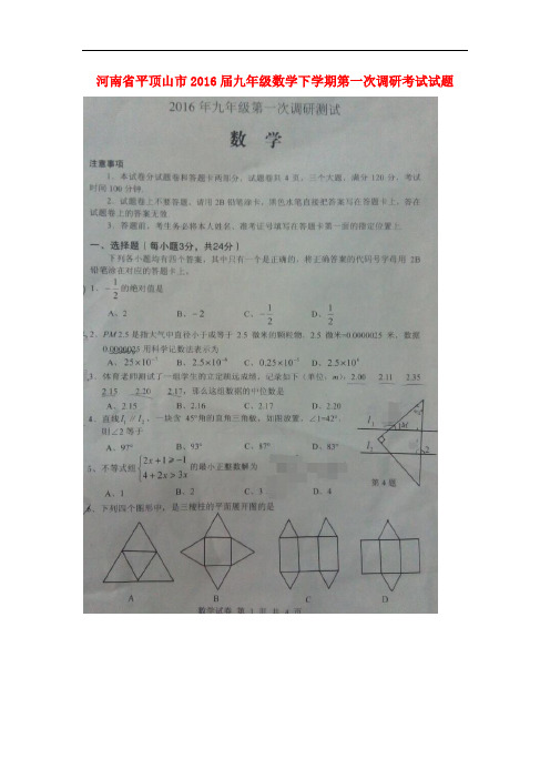 河南省平顶山市2016届九年级数学下学期第一次调研考试试题(扫描版)