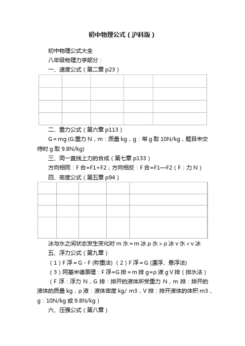 初中物理公式（沪科版）