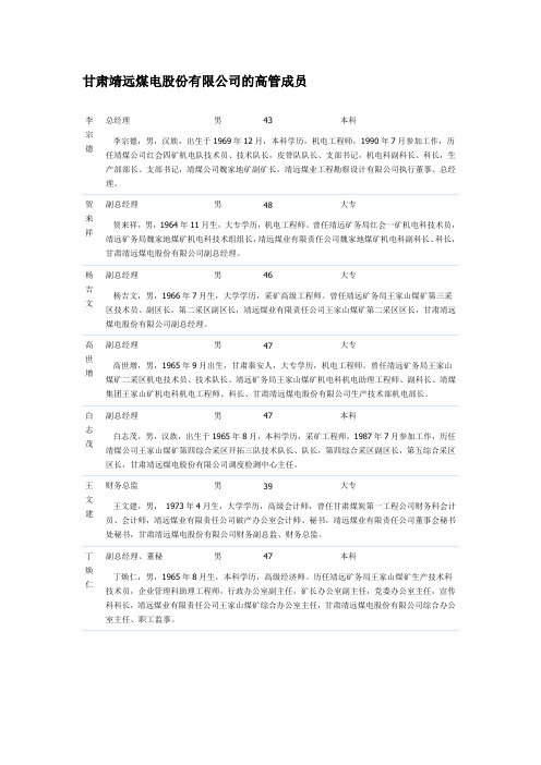 甘肃靖远煤电股份有限公司的高管成员