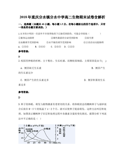 2018年重庆分水镇分水中学高二生物期末试卷含解析