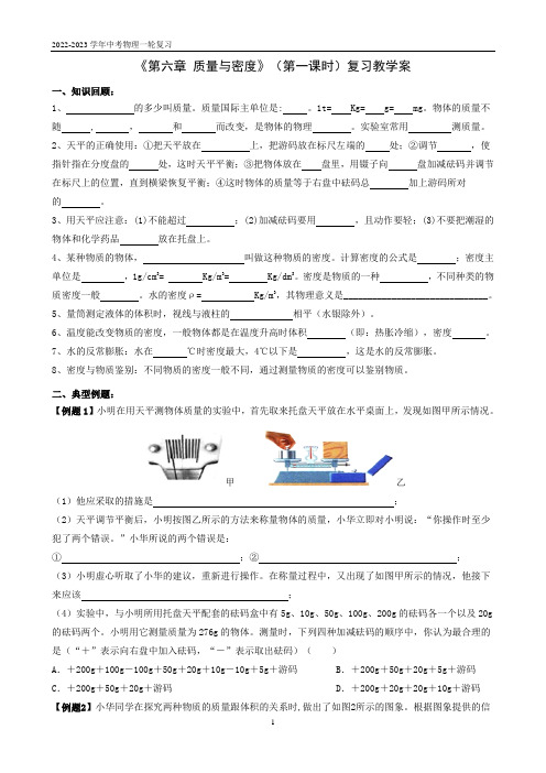 《第六章 质量与密度》(第一课时)复习教学案  2023年中考物理一轮复习