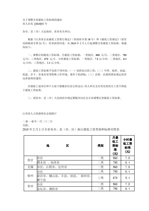 2010关于调整全省最低工资标准的通知