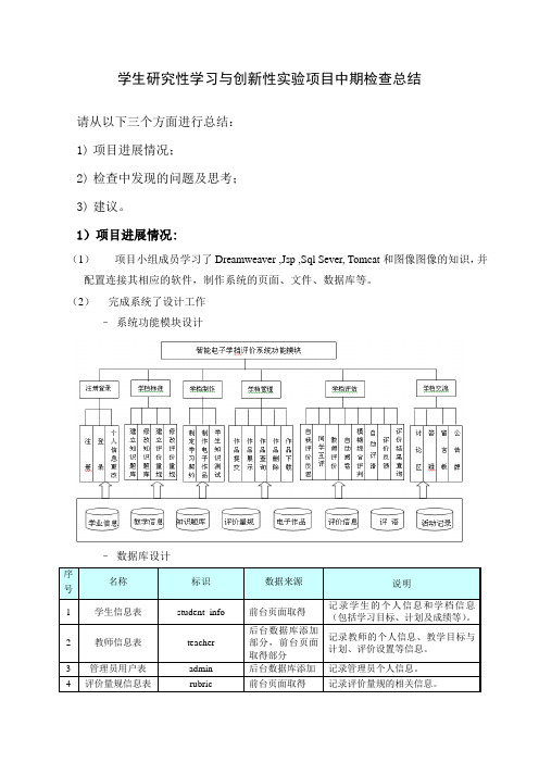 学生研究性学习与创新性实验项目中期检查总结