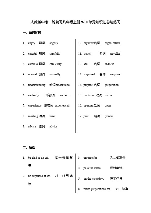 人教版英语中考一轮复习+八年级上册9-10单元+单词短语及考点清单