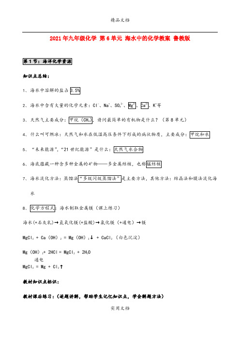 2021年九年级化学 第6单元 海水中的化学教案 鲁教版