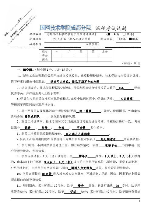 2013.3.18.国网技术学院入学手册考试试题