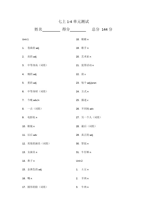 鲁教版七年级上册单词汉意U1-U4