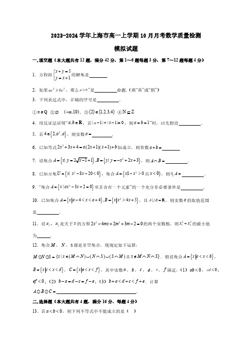 2023-2024学年上海市高一上学期第一次月考(10月)数学质量检测模拟试题(含解析)