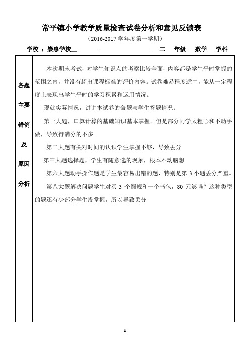 2016年秋崇惠学校二年级数学期末试卷分析(周爱英)