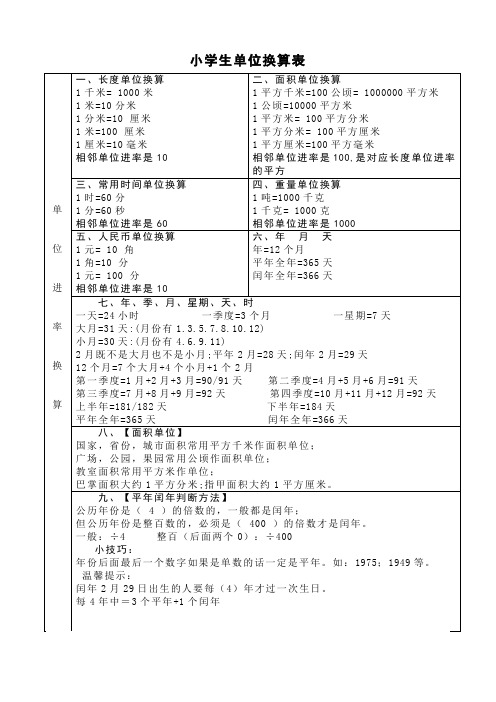 小学生单位换算表