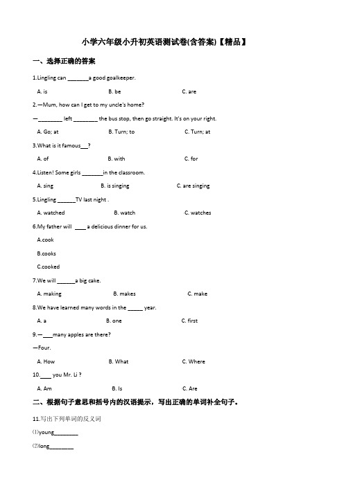 译林版(三起)小学六年级下册-小升初英语测试题(含答案)【精品】