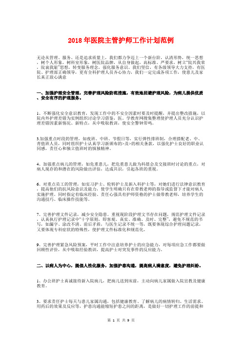 2018年医院主管护师工作计划范例