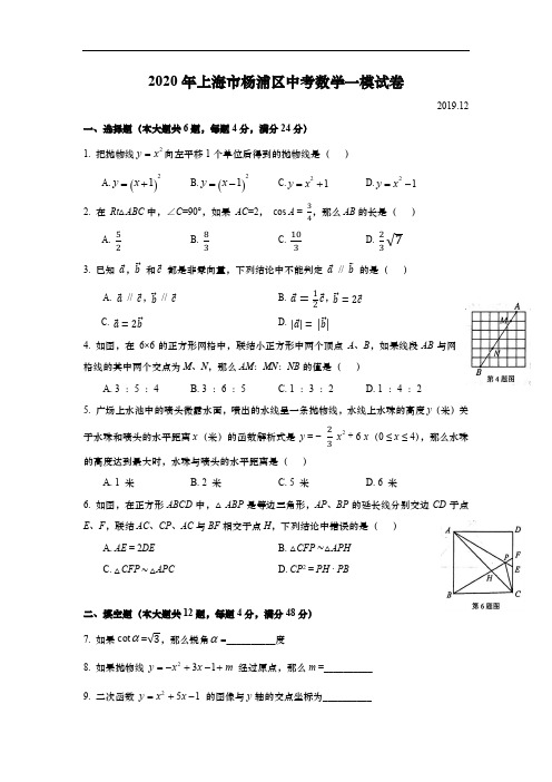 上海市杨浦区2020届九年级上学期期末(一模)质量调研数学试卷(word原卷版)