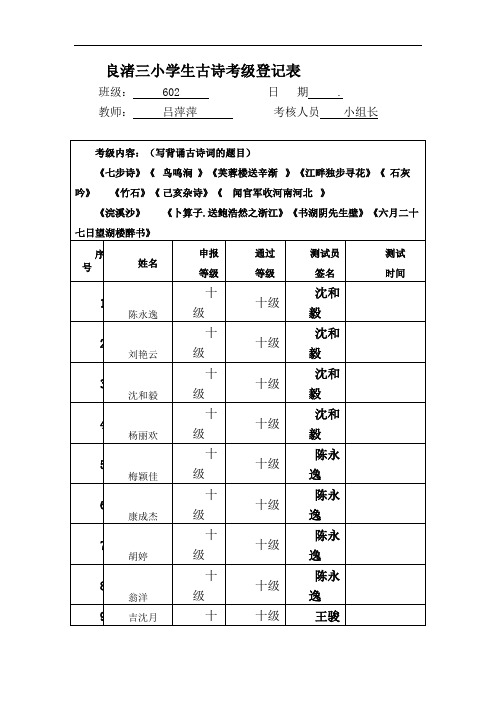 古诗考级登记表