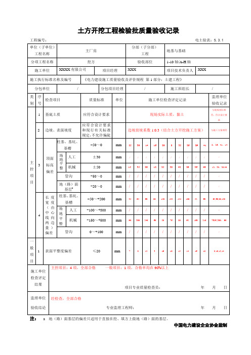 土方开挖检验批-填写样表