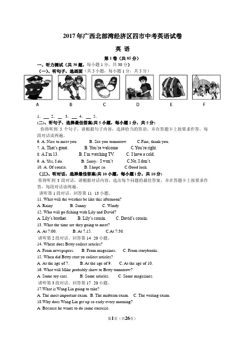 2017年广西北部湾经济区四市中考英语试卷及解析