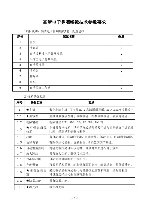 高清电子鼻咽喉镜技术参数要求