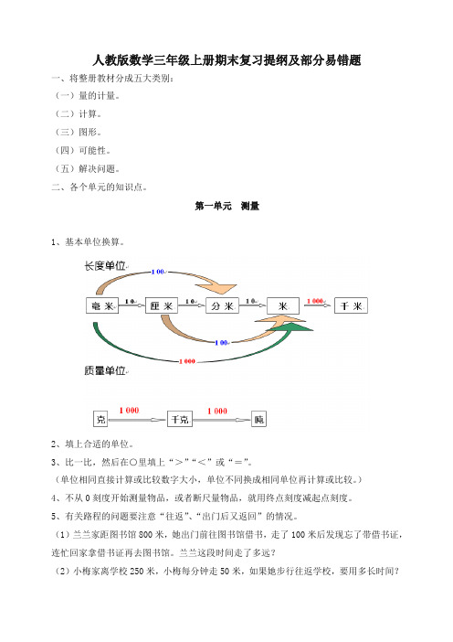 人教版三年级上册数学期末复习提纲及部分易错题 -原创