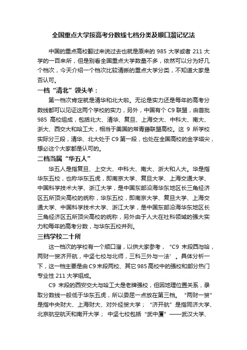 全国重点大学按高考分数线七档分类及顺口溜记忆法