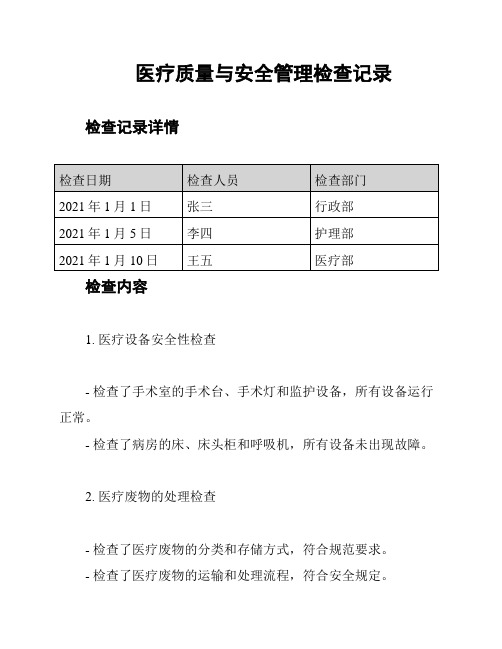 医疗质量与安全管理检查记录