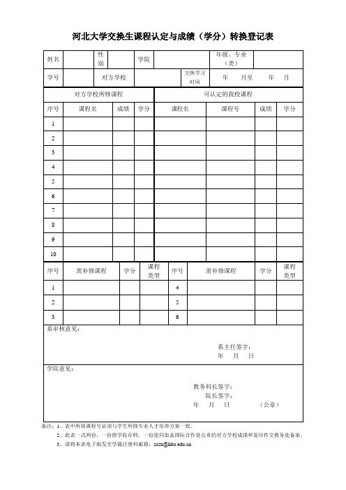 河北大学交换生课程认定和成绩(学分)转换登记表