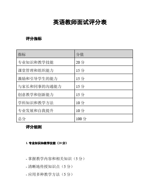 英语教师面试评分表