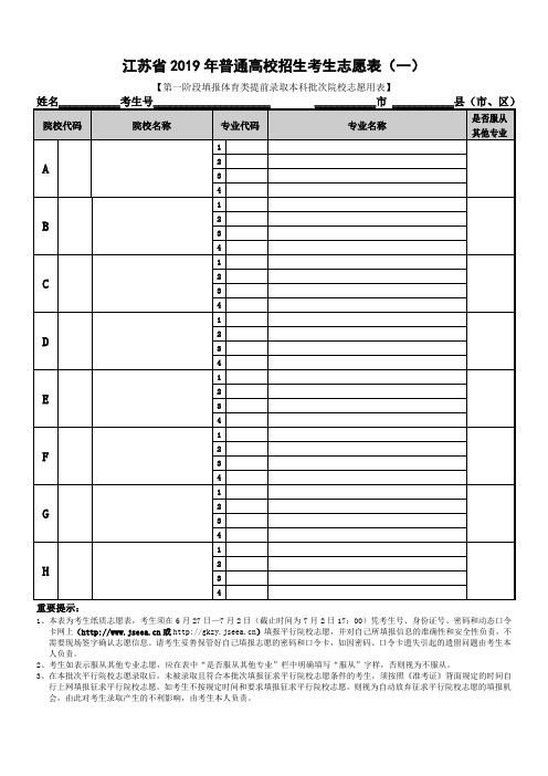 (推荐)2019年江苏高考志愿填报表