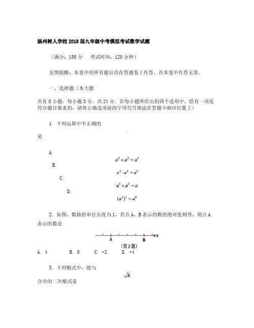 扬州市树人学校2018届九年级第二次模拟考试数学试题