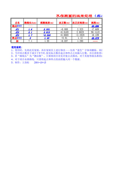 水准测量闭合计算范本