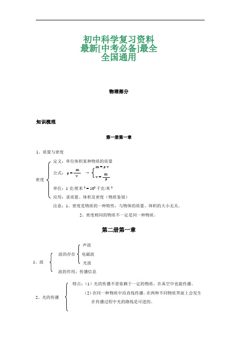 中考必备-初中科学复习资料大全【包含初中物理、化学、生物、地理所有考点】