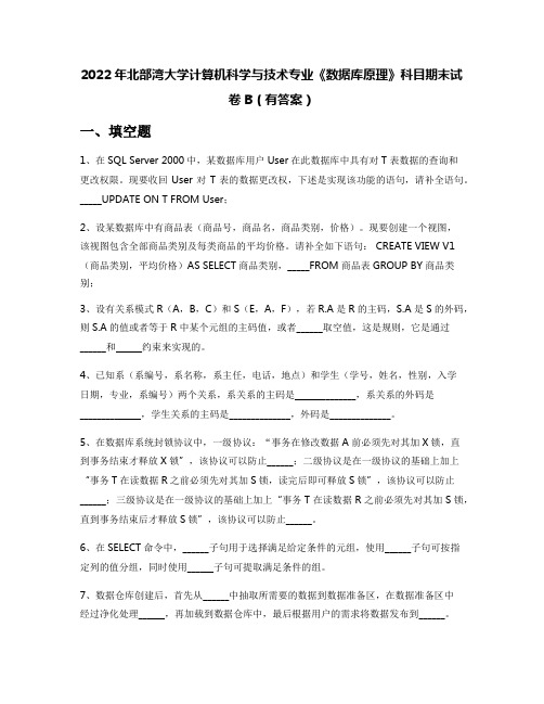 2022年北部湾大学计算机科学与技术专业《数据库原理》科目期末试卷B(有答案)