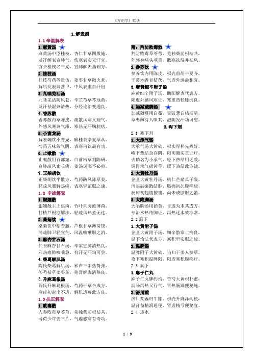 第七版《方剂学》课本方歌