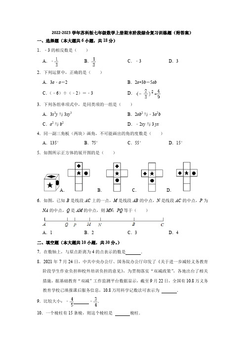 2022-2023学年苏科版七年级数学上册期末阶段综合复习训练题(附答案)